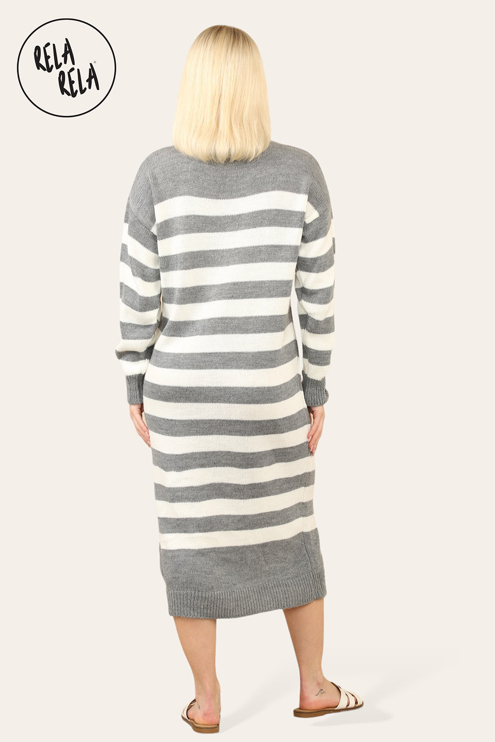 Grey & White Striped Midi Jumper Dress with Long Sleeves