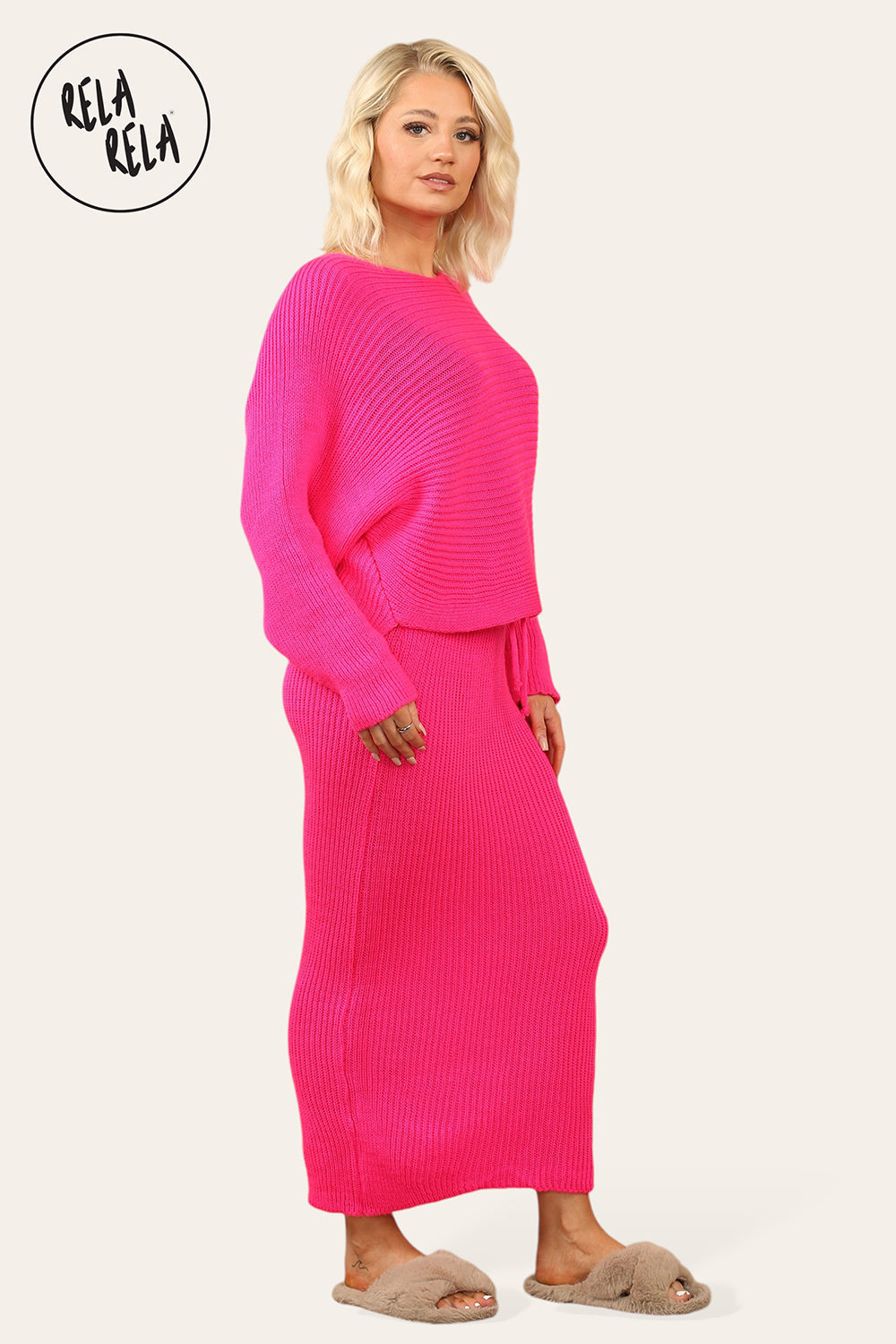 Cropped Batwing Jumper & Knitted Midi Skirt Set in Fuchsia