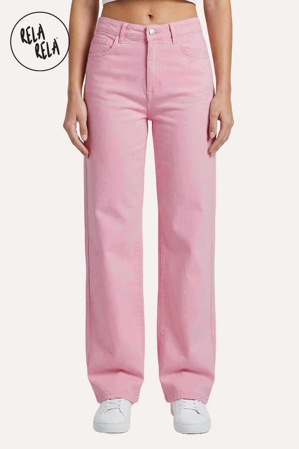 Pastel Tone Stretchy Wide Leg Dad Fit Jeans in Pink