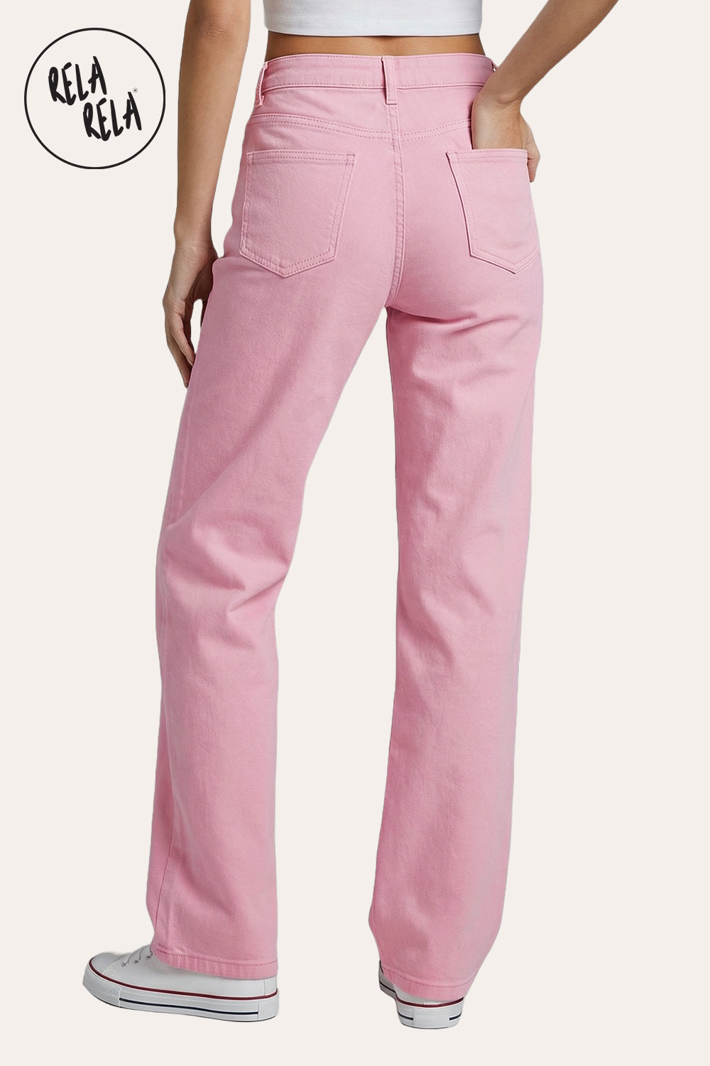 Pastel Tone Stretchy Wide Leg Dad Fit Jeans in Pink