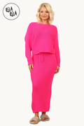 Cropped Batwing Jumper & Knitted Midi Skirt Set in Fuchsia