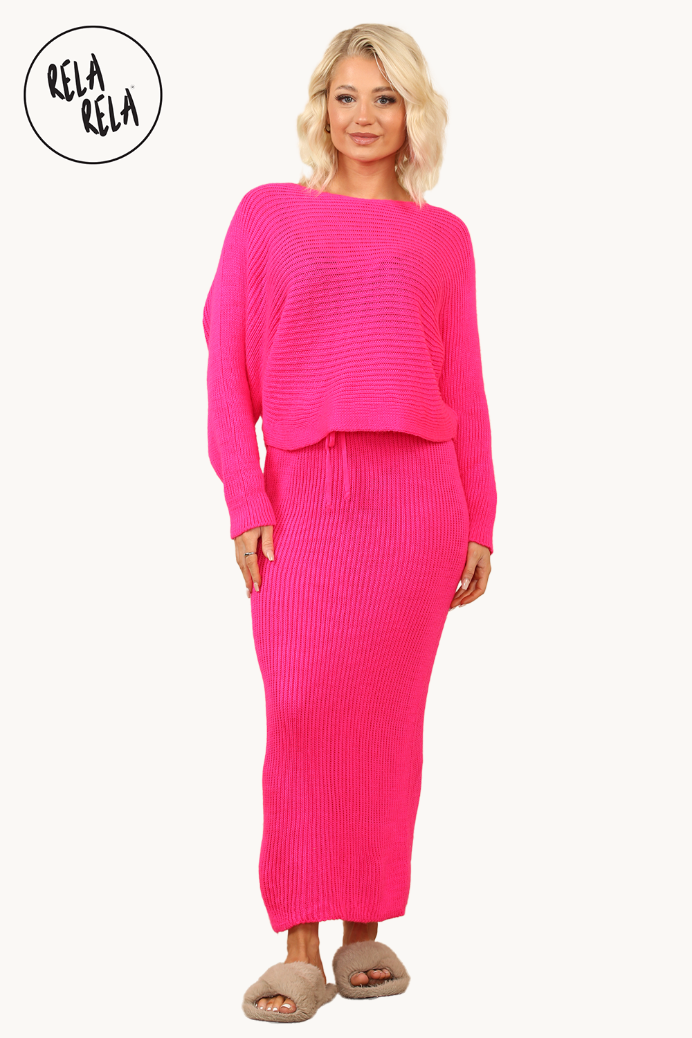 Cropped Batwing Jumper & Knitted Midi Skirt Set in Fuchsia