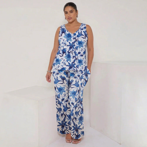 Boho Breeze Blue Floral V-Neck Vest Top & Pleated Pants