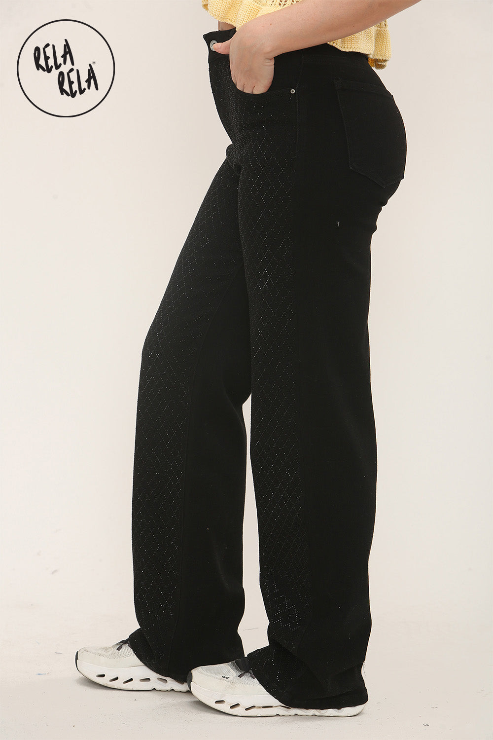Viral Stretchy Diamond-Pattern Rhinestone Wide Leg Jeans in Black