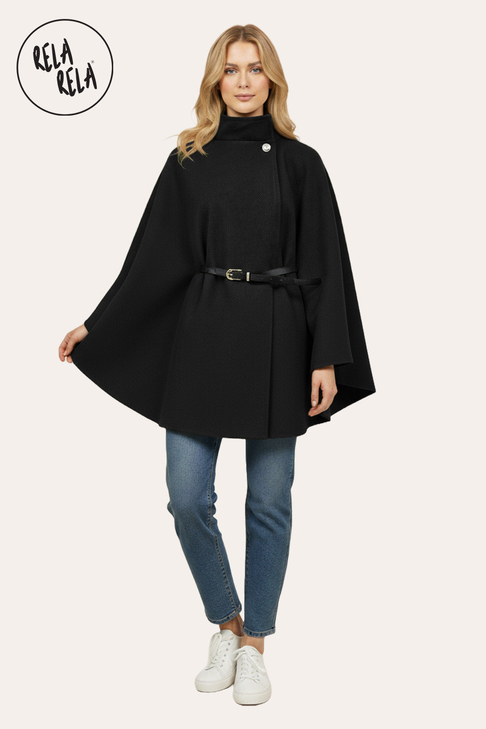 Belted High Neck Poncho Cape Jacket with Button Detail in Black