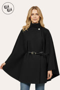 Belted High Neck Poncho Cape Jacket with Button Detail in Black