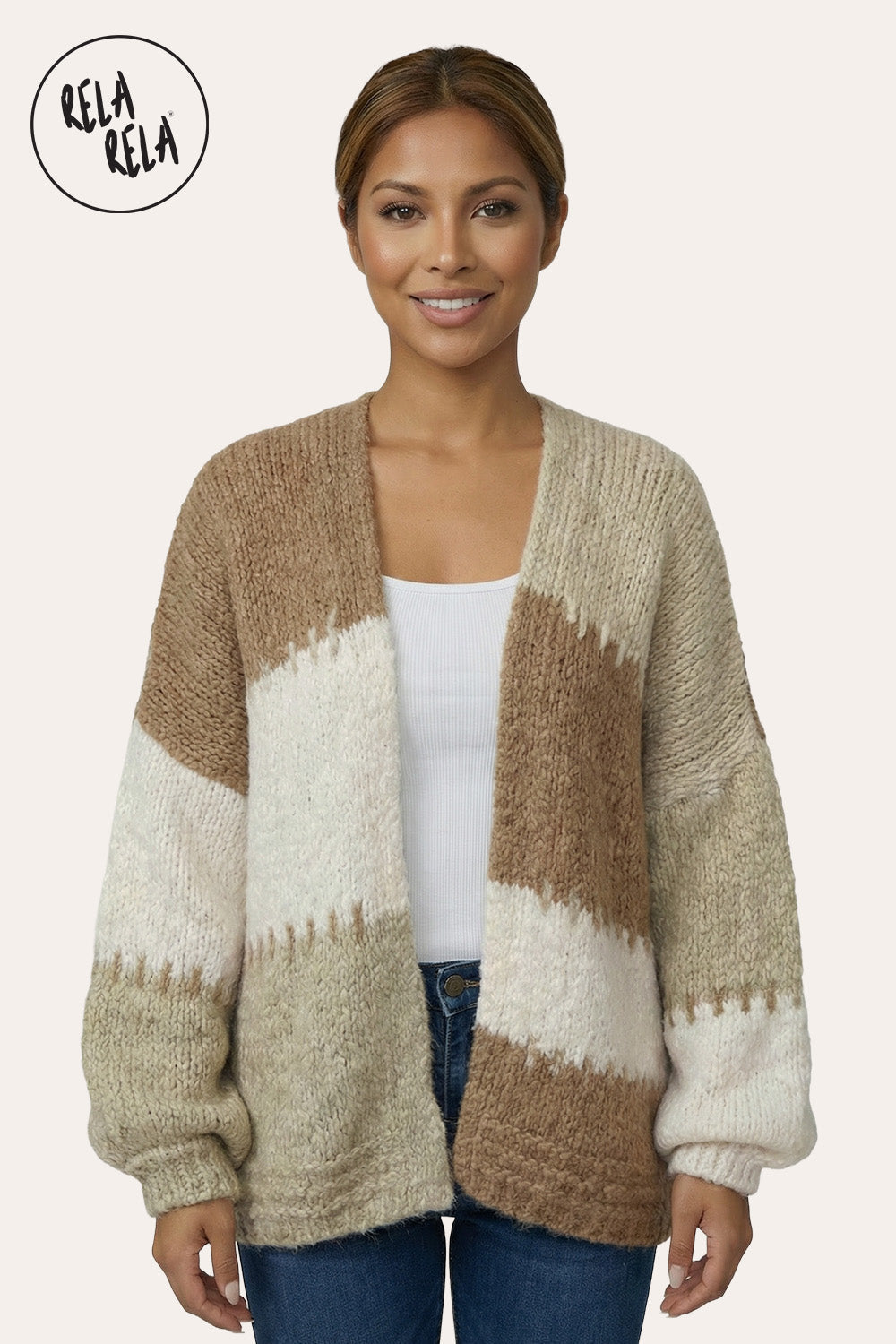 Colour Contrast Oversized Balloon Sleeve Cardigan in Beige