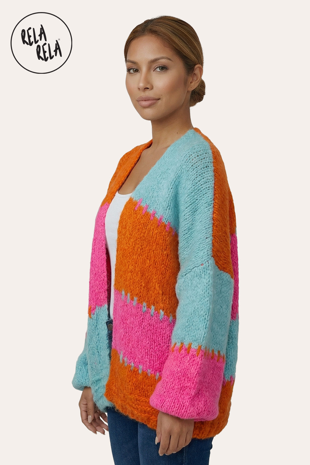 Colour Contrast Oversized Balloon Sleeve Cardigan in Orange