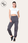 High Waisted Stretch Cuffed Cargo Pants with Pockets in Charcoal