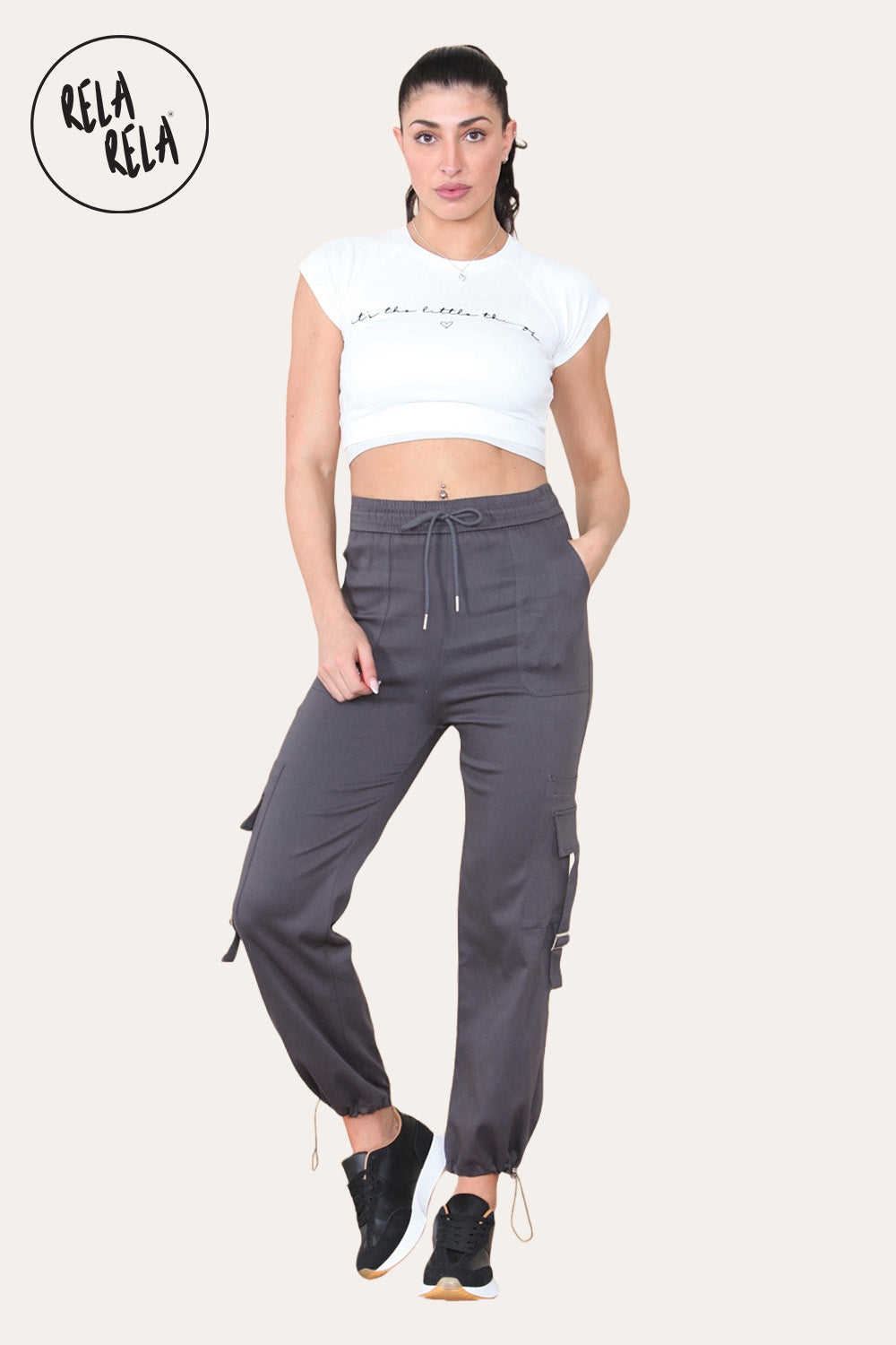 High Waisted Stretch Cuffed Cargo Pants with Pockets in Charcoal
