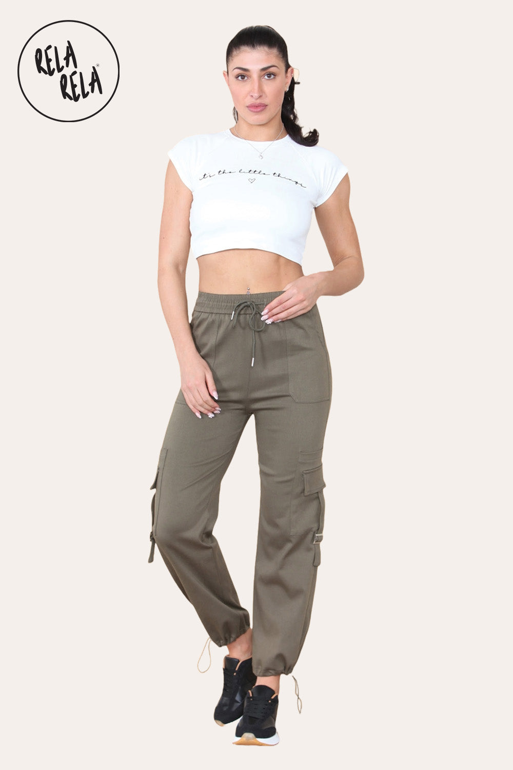 High Waisted Stretch Cuffed Cargo Pants with Pockets in Khaki