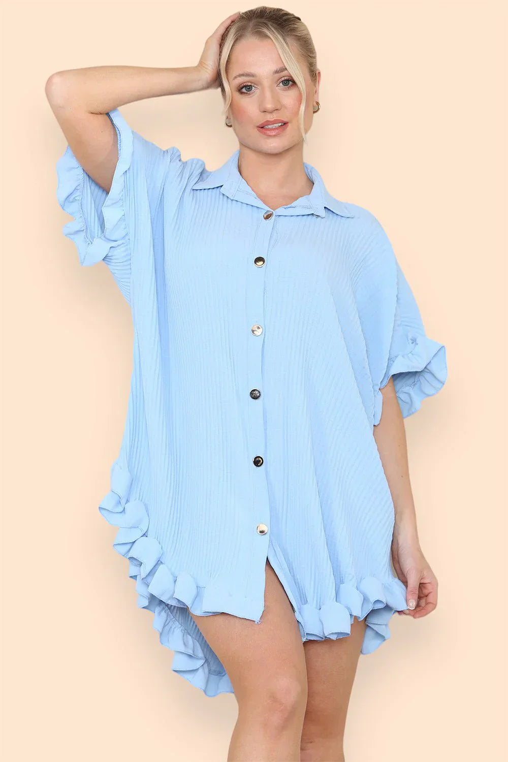 Pleated Button Up Frill Detail Swing Dress in Baby Blue