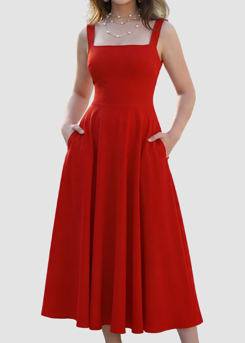 Women's Square Neck Sleeveless Flowy Maxi Dress with Pockets