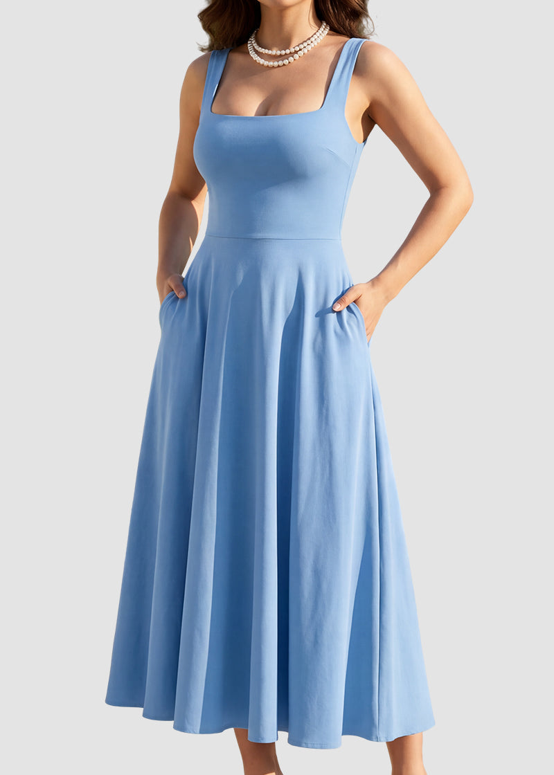 Women's Square Neck Sleeveless Flowy Maxi Dress with Pockets
