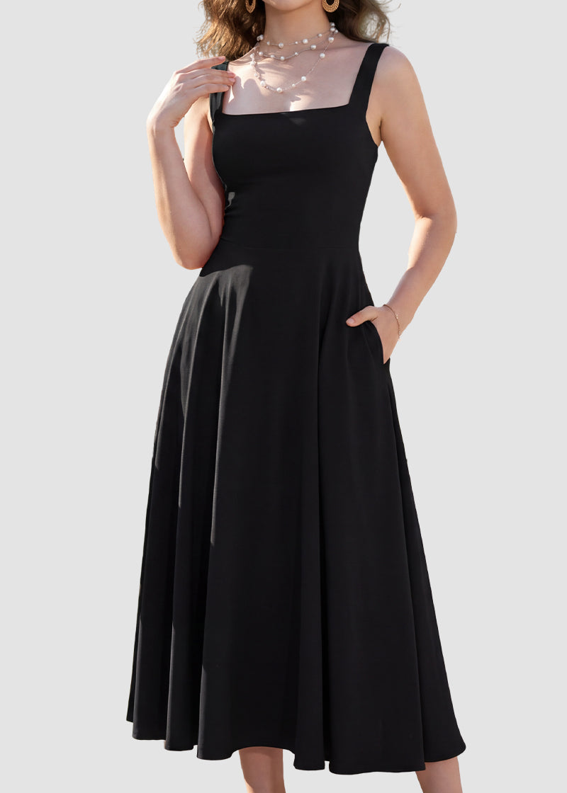 Women's Square Neck Sleeveless Flowy Maxi Dress with Pockets