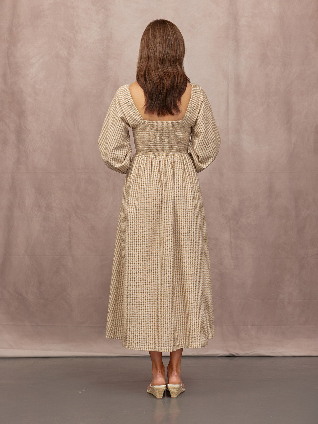 Sam Shirred Puff Sleeve Dress - Brown Gingham Print