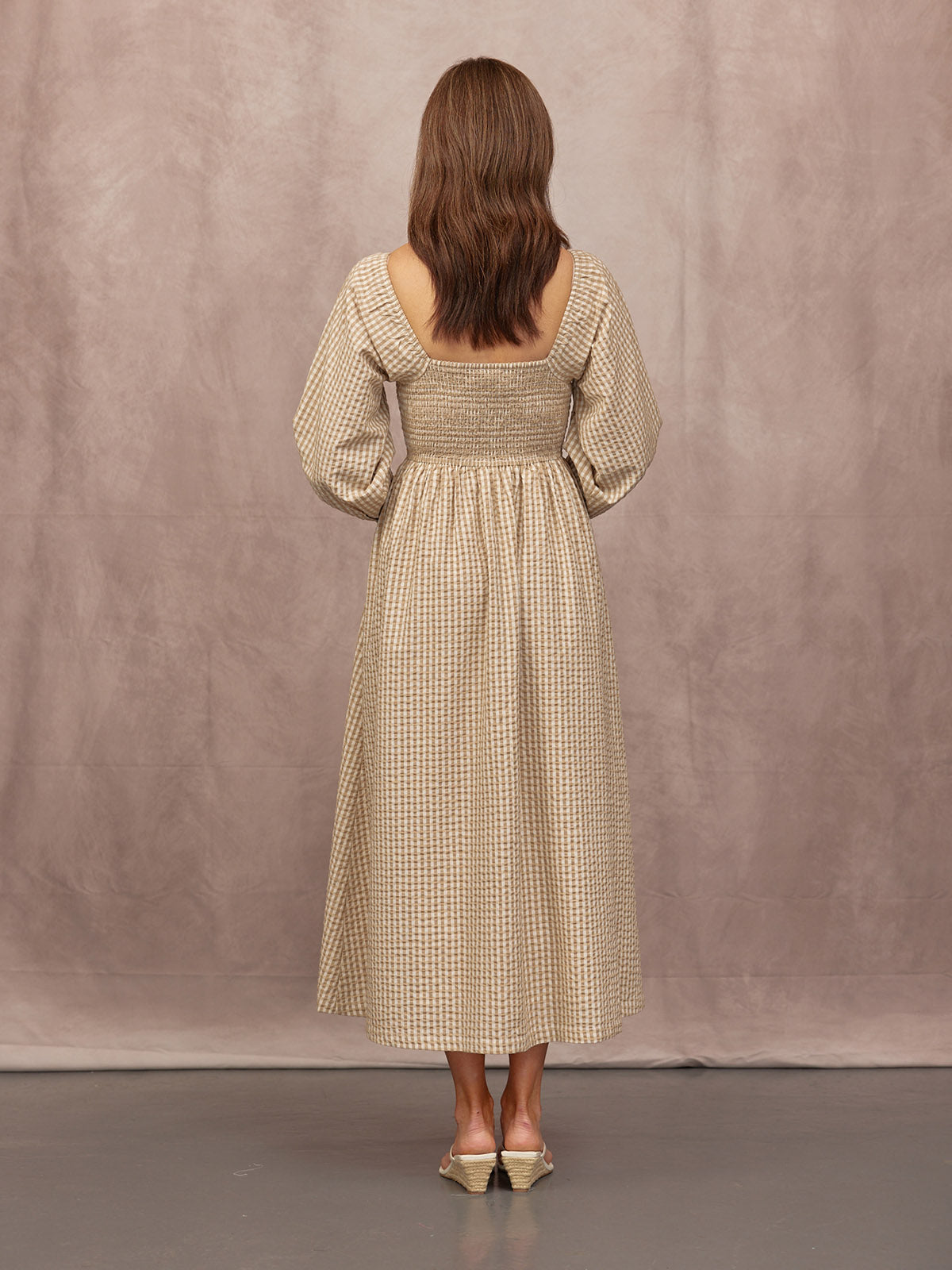 Sam Shirred Puff Sleeve Dress - Brown Gingham Print