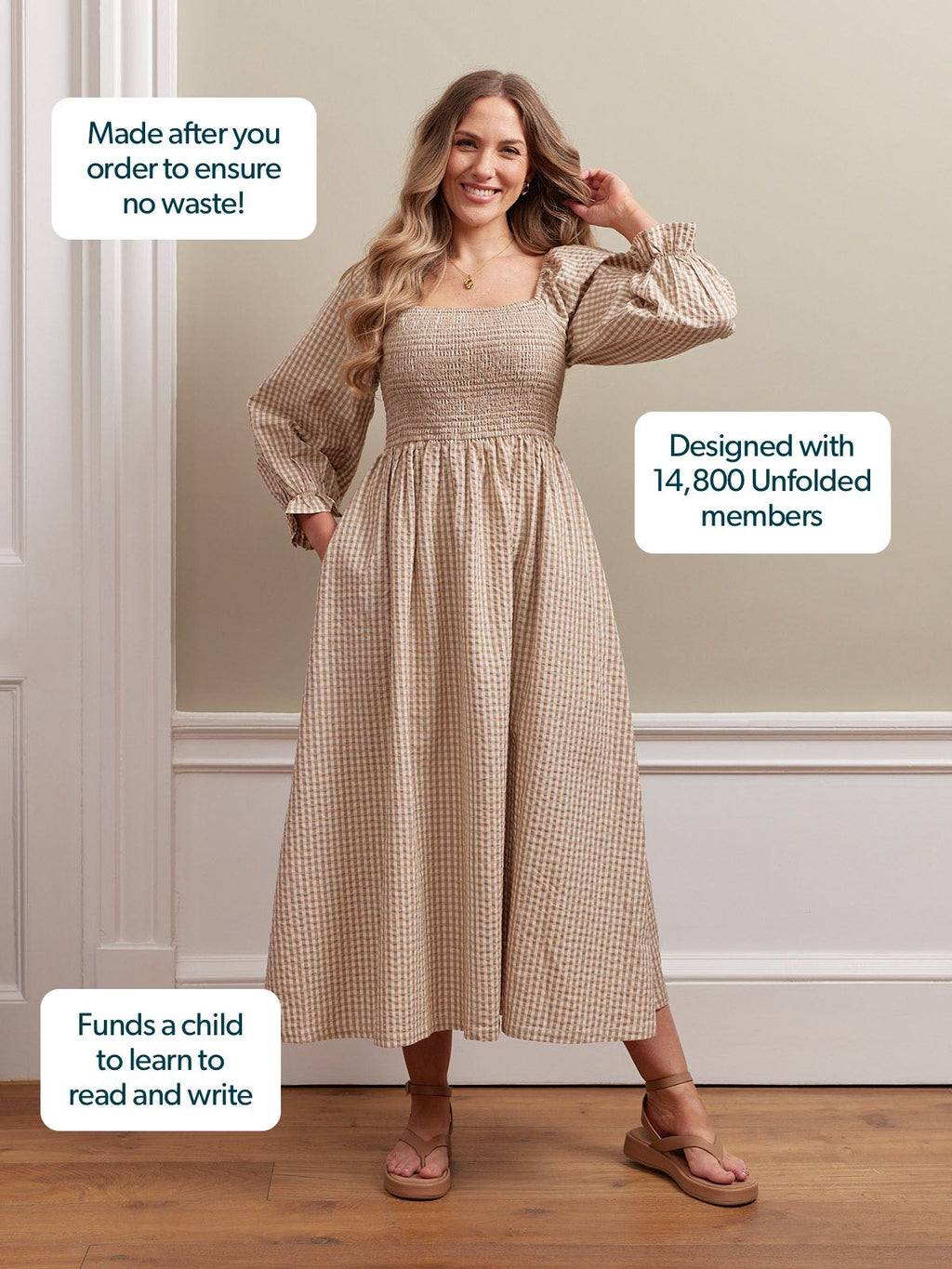 Sam Shirred Puff Sleeve Dress - Brown Gingham Print