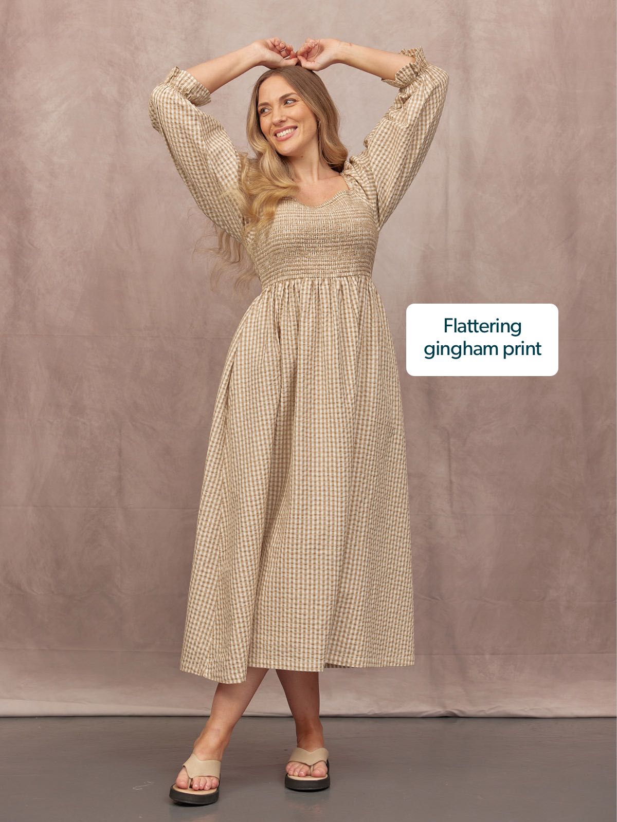 Sam Shirred Puff Sleeve Dress - Brown Gingham Print