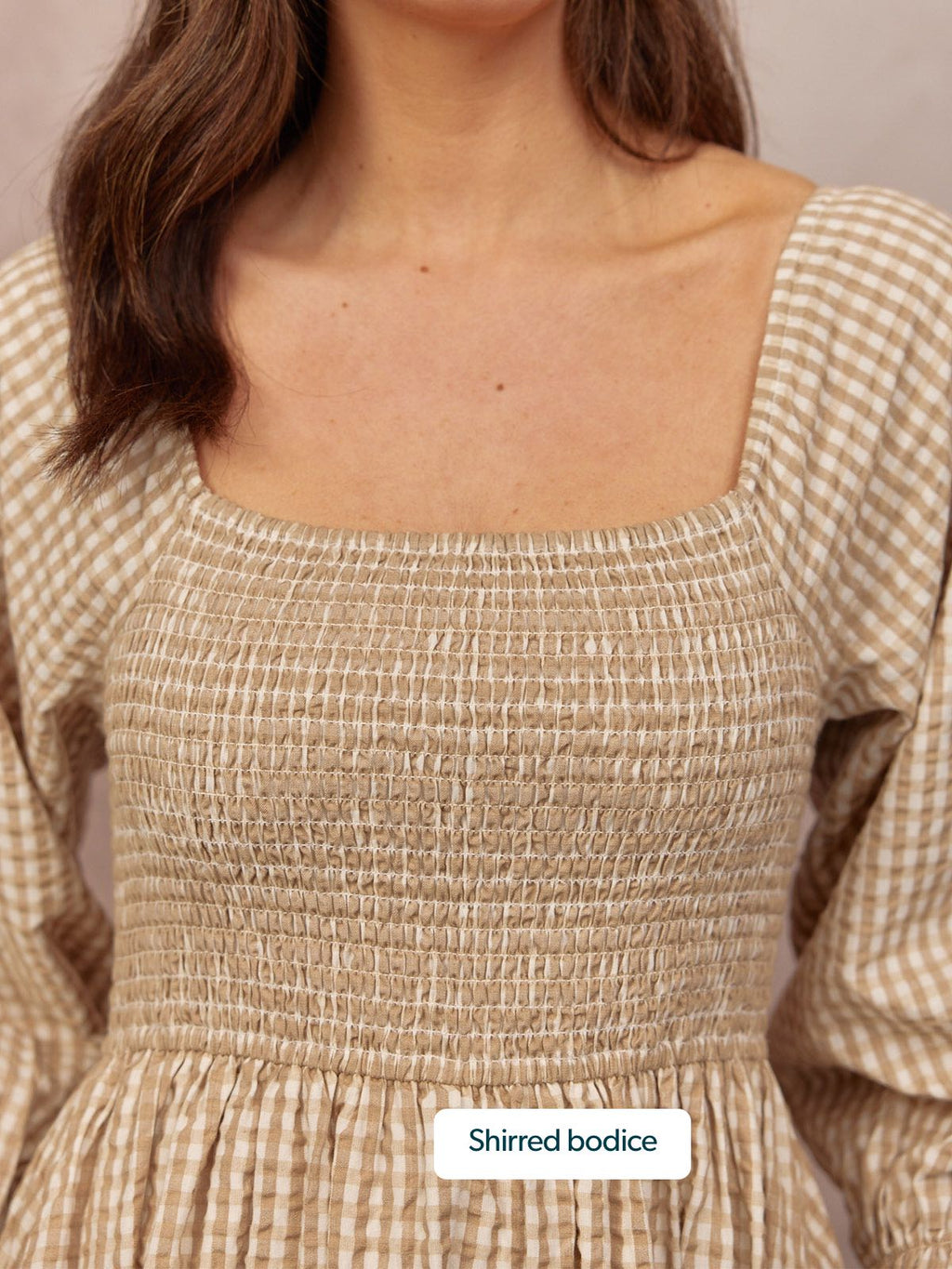 Sam Shirred Puff Sleeve Dress - Brown Gingham Print