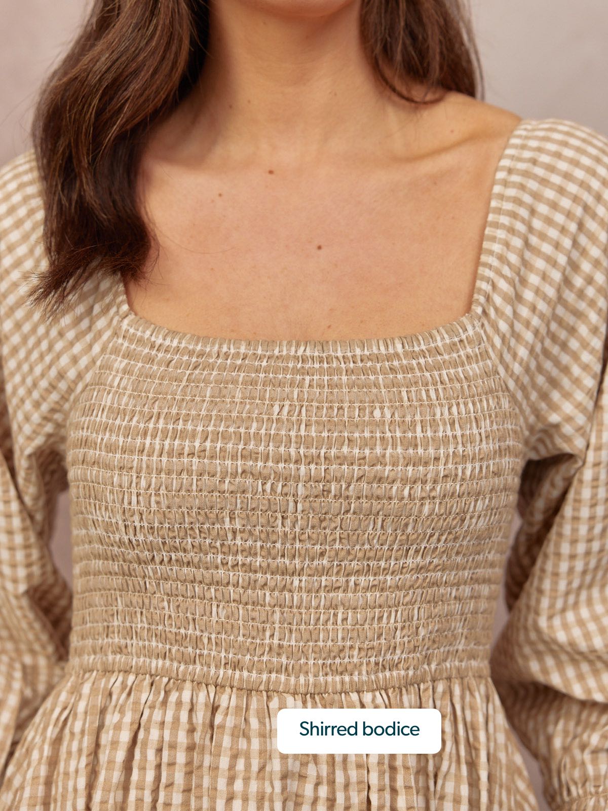 Sam Shirred Puff Sleeve Dress - Brown Gingham Print