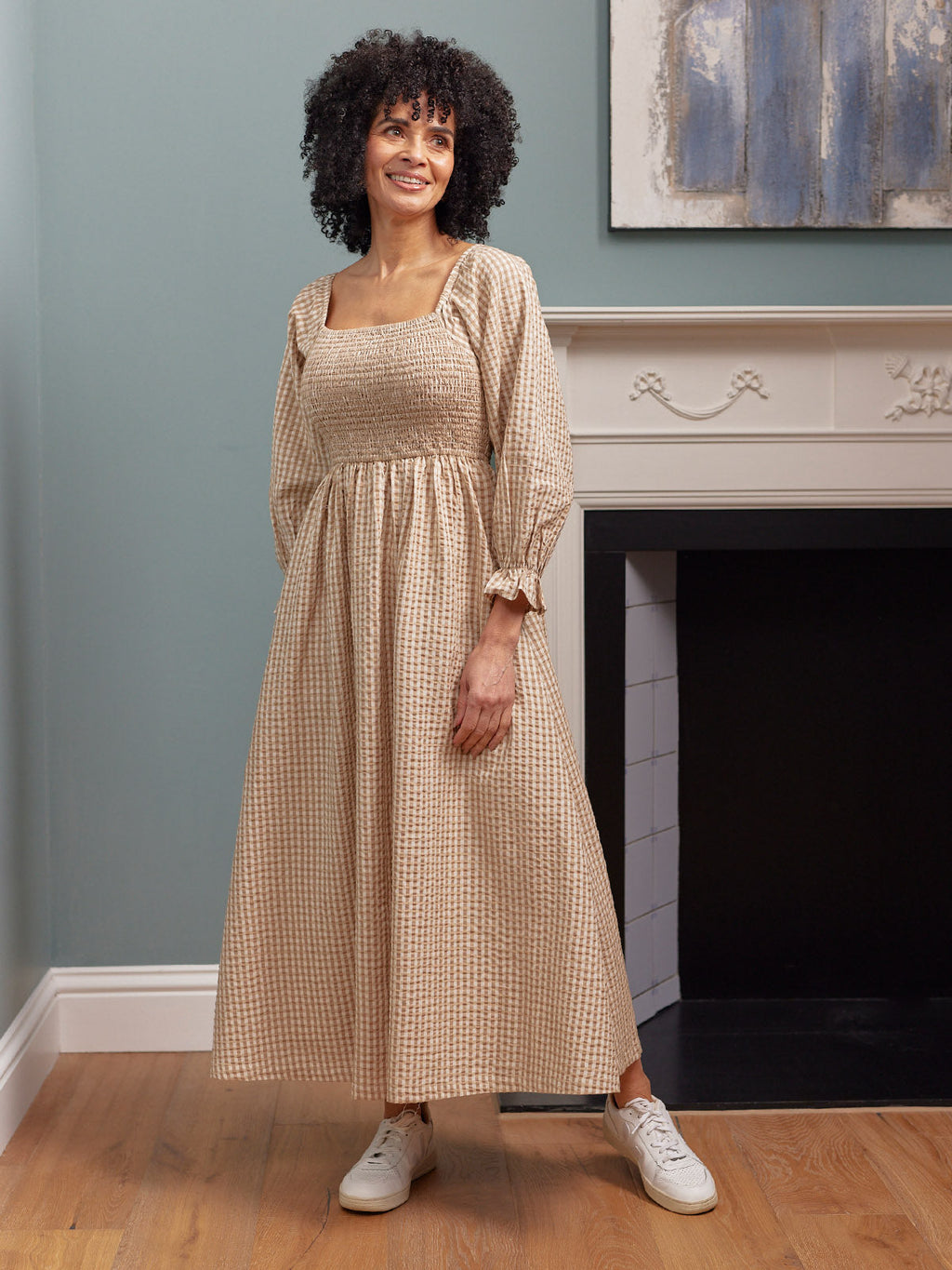 Sam Shirred Puff Sleeve Dress - Brown Gingham Print