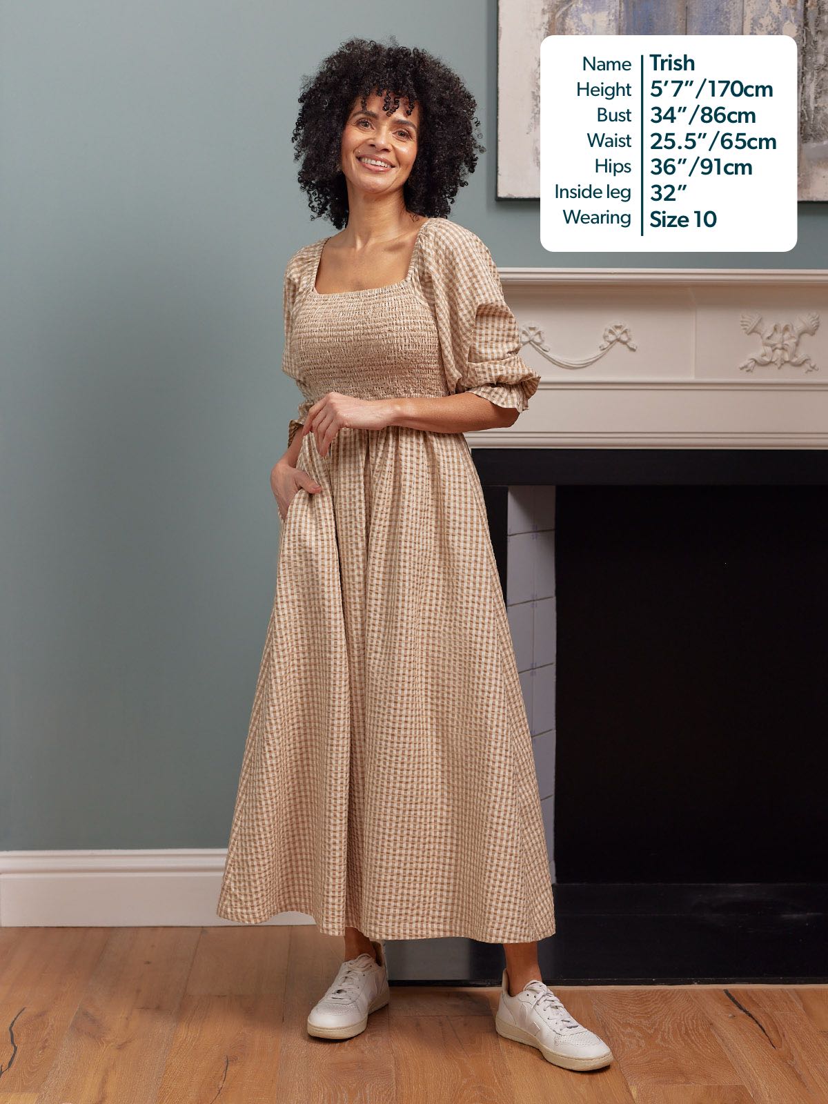 Sam Shirred Puff Sleeve Dress - Brown Gingham Print