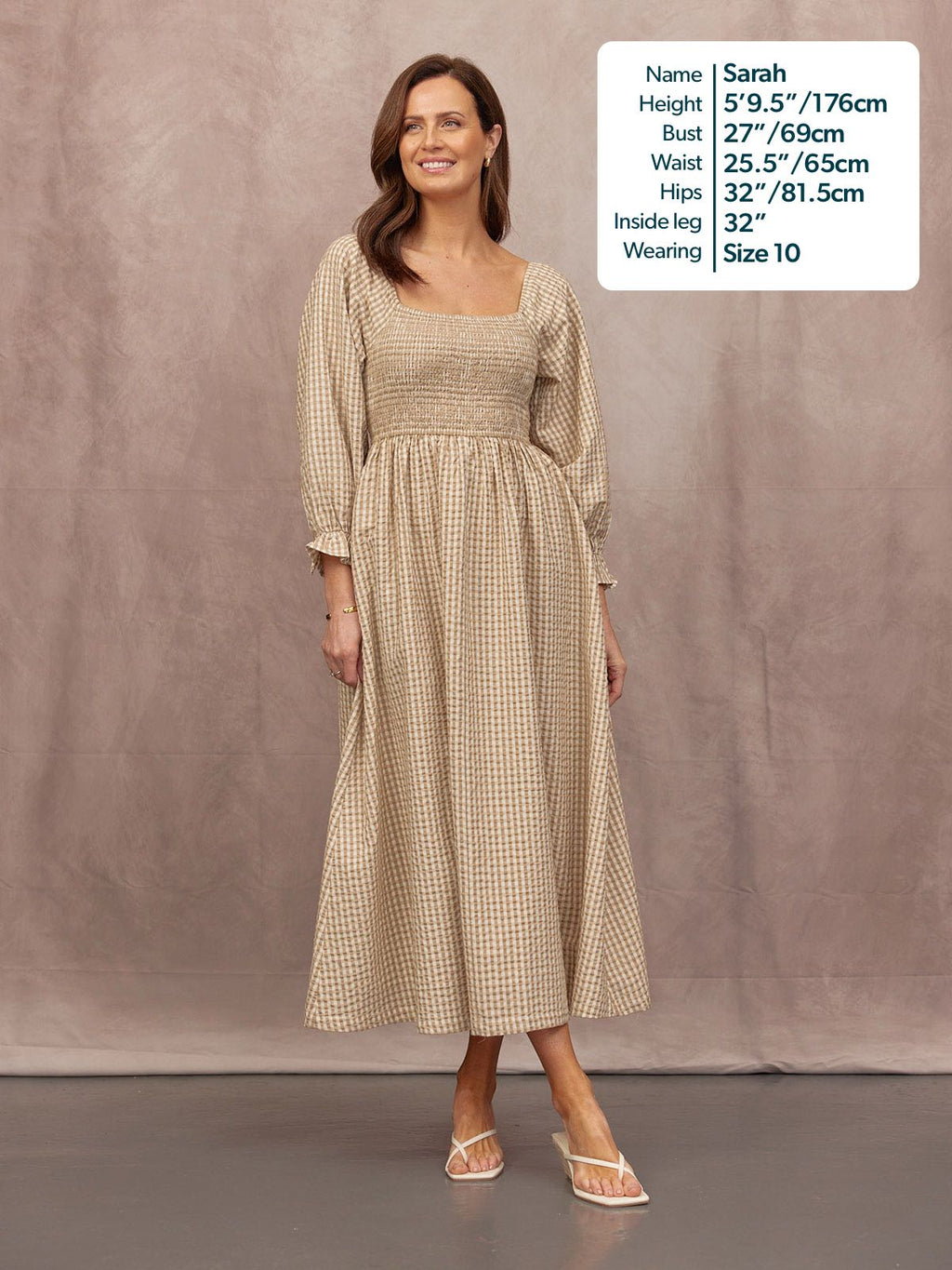 Sam Shirred Puff Sleeve Dress - Brown Gingham Print