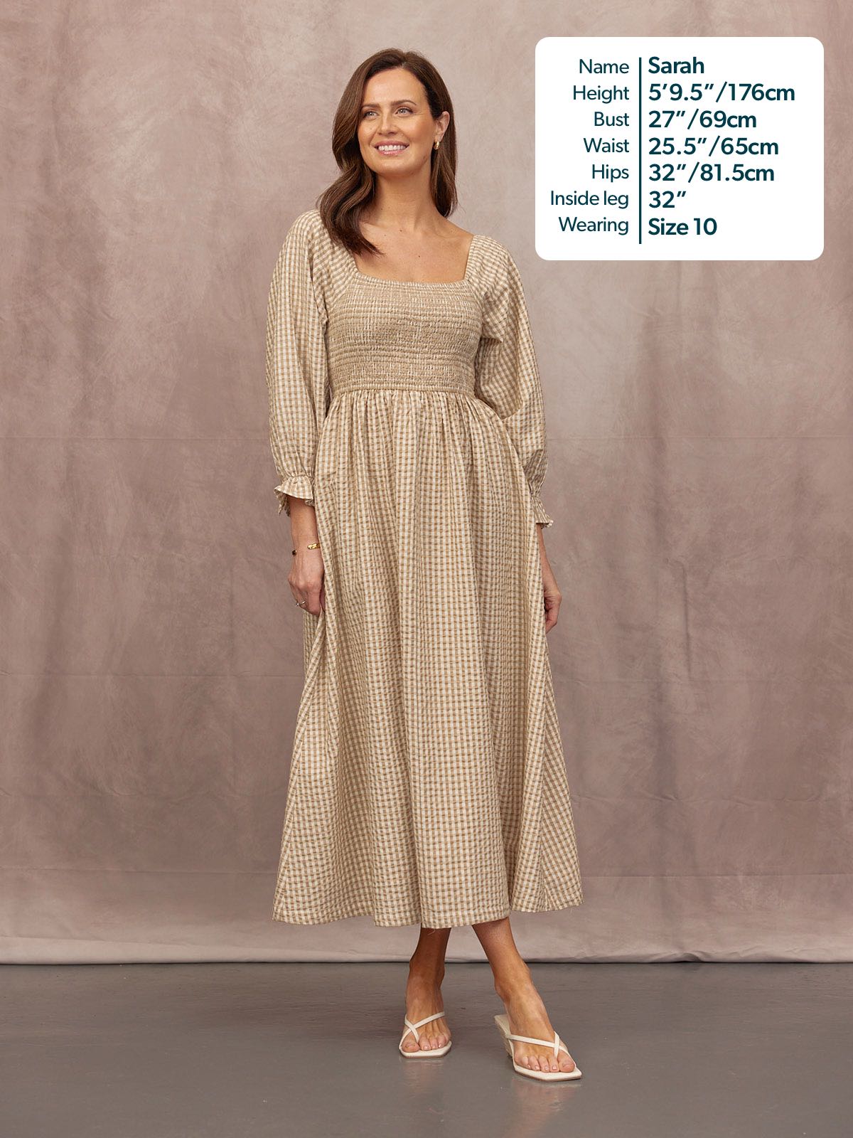 Sam Shirred Puff Sleeve Dress - Brown Gingham Print