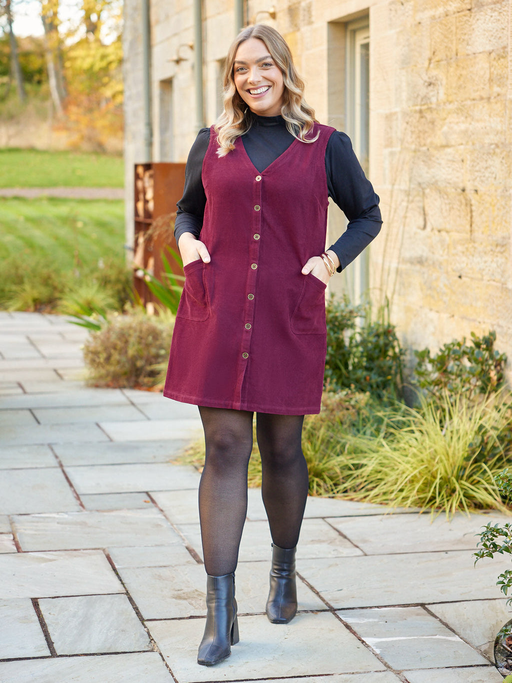 Sandie - Cord Pinafore Dress - Burgundy