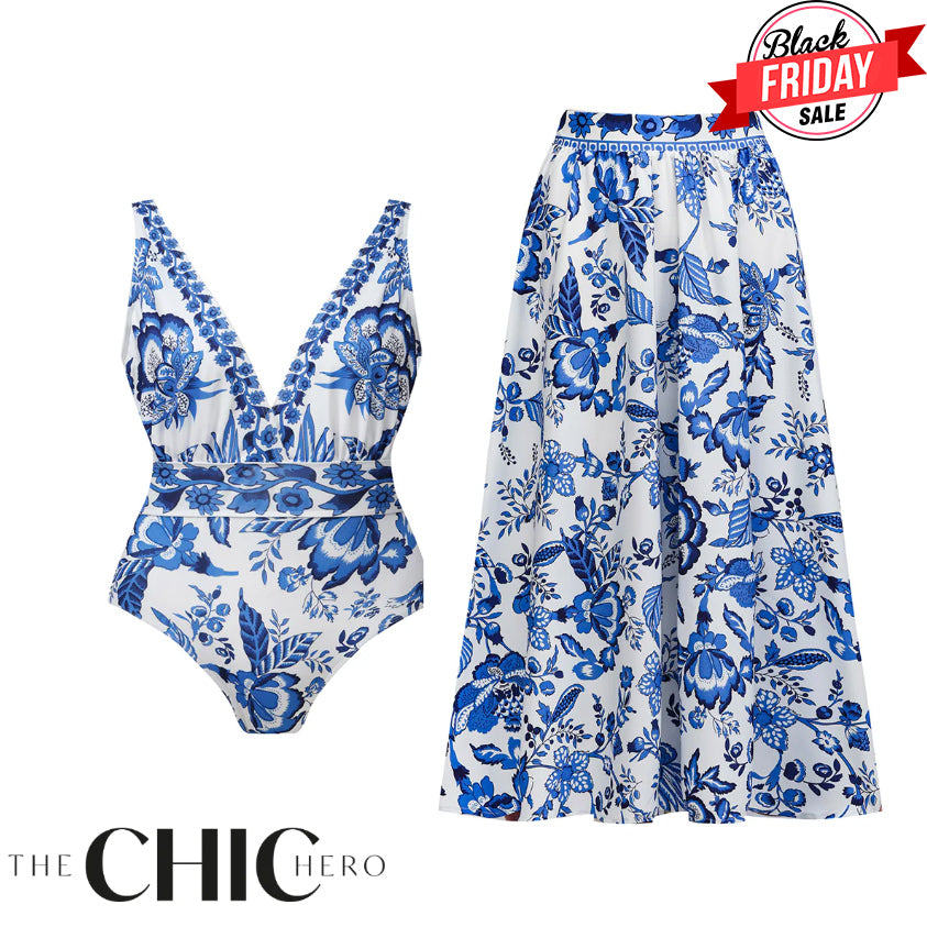 Chic Indigo Botanical Print One-Piece Swimsuit&Skirt