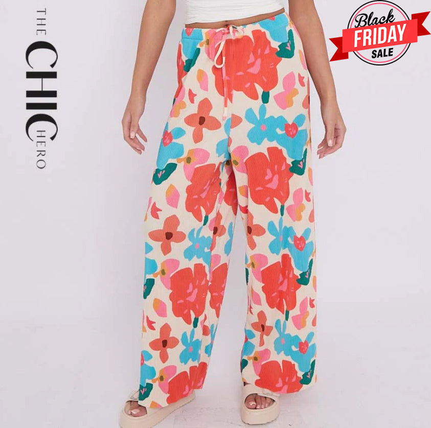 Rose Flower Print Abstract Wide-Leg Drawstring Palazzo Pleated Pants
