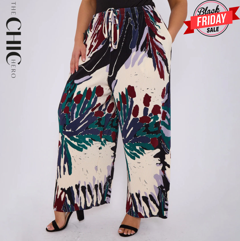 Red Rose Flower Abstract Print Palazzo Pleated Pants With Pockets