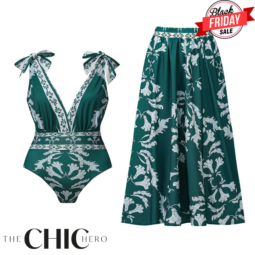 Green Flowy Floral Tie-shoulder Swimsuit&Skirt