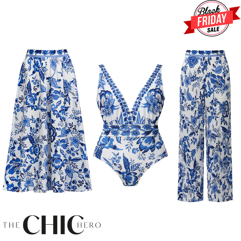 Chic Indigo Botanical Print One-Piece Swimsuit&Skirt&Pants