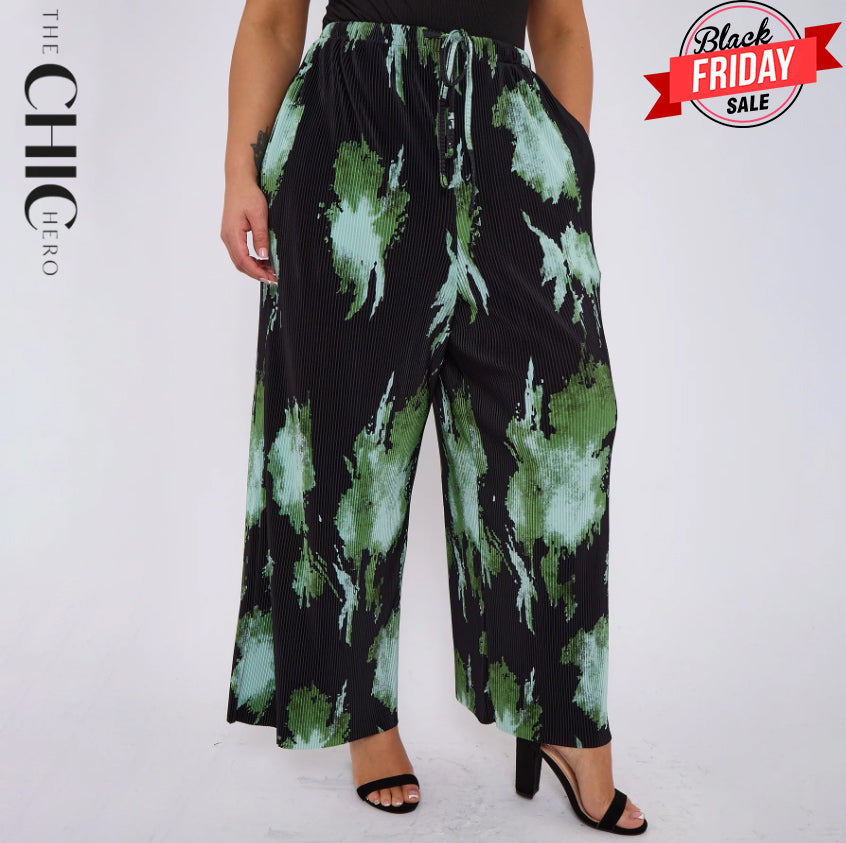 Abstract Green Black Print Wide-Leg Drawstring Pants Palazzo Pleated Pants With Pockets