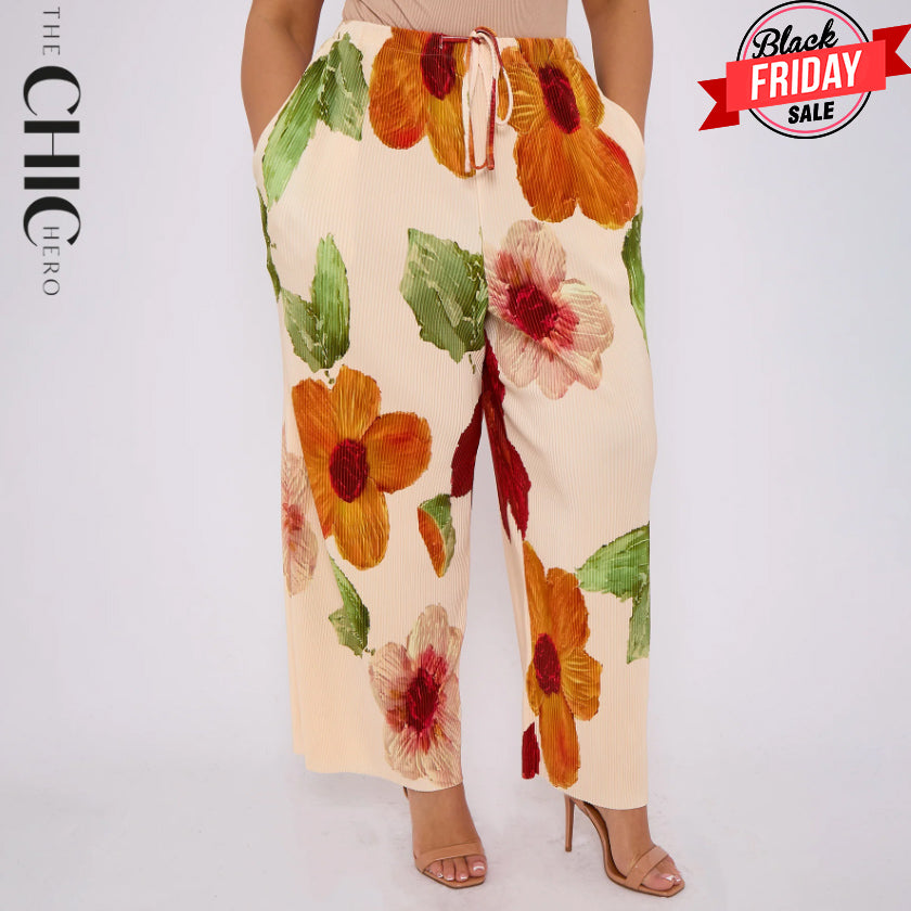 Abstract Floral Wide-Leg Drawstring Pleated Trousers With Pockets