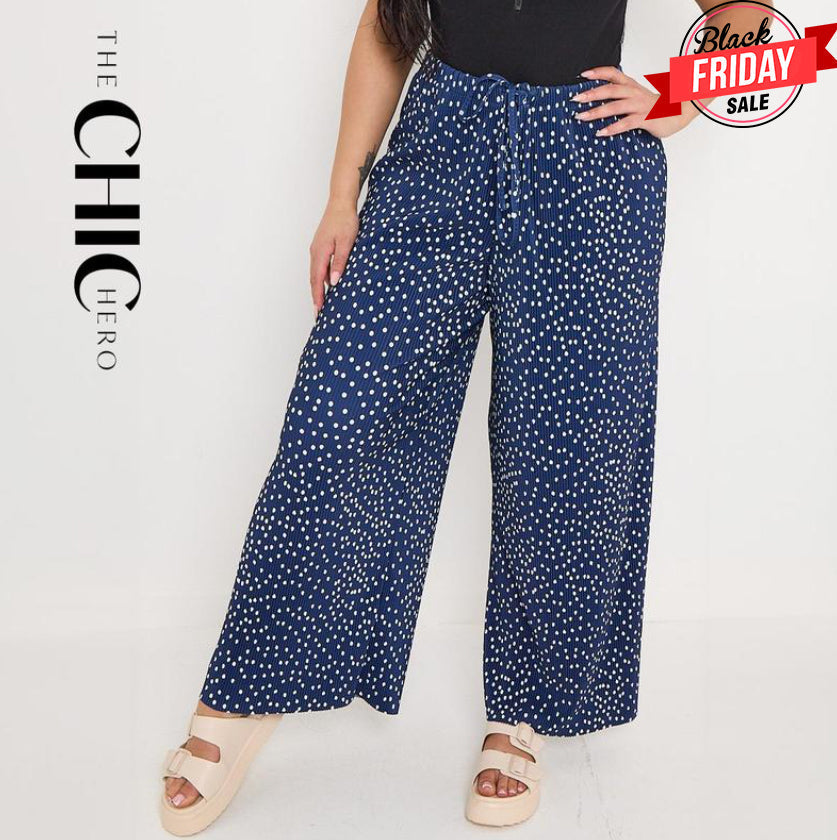 Blue Polka Dot Abstract Print Wide-Leg Drawstring Palazzo Pleated Pants