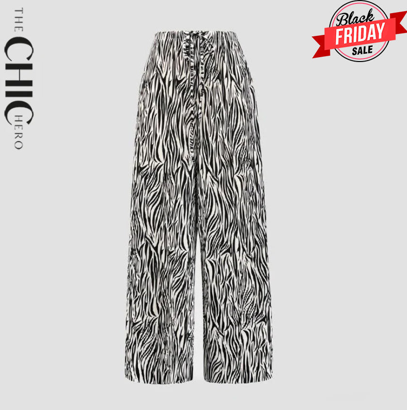 Black Zebra Abstract Print Wide-Leg Drawstring Palazzo Pleated Pants