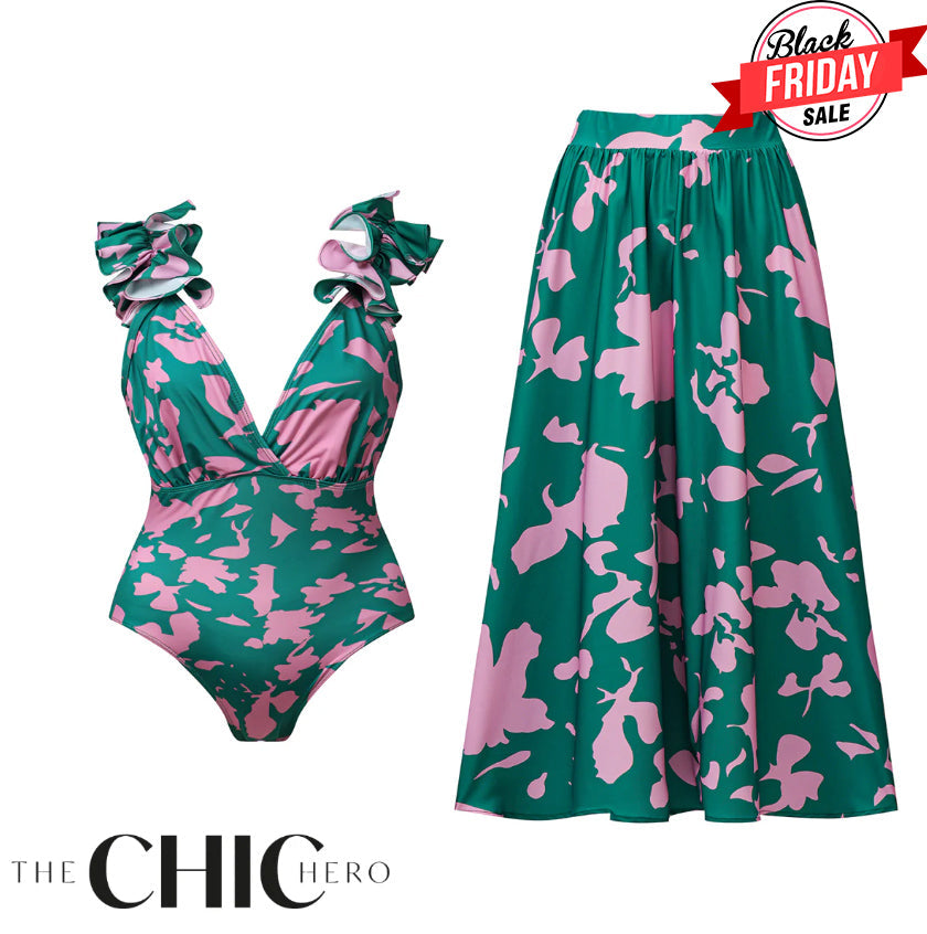 Indigo Chic Ruffled One Piece Swimwear&Skirt