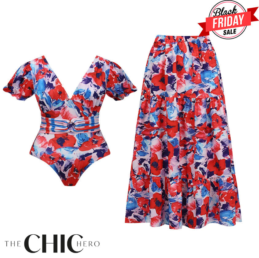 Colorful Floral Puff Sleeves One-Piece Swimsuit&Skirt