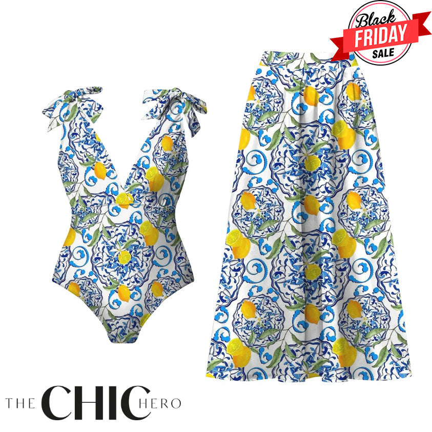 Lemon Motifs Blue Scrollwork Ornate Print One-Piece Swimsuit&Skirt