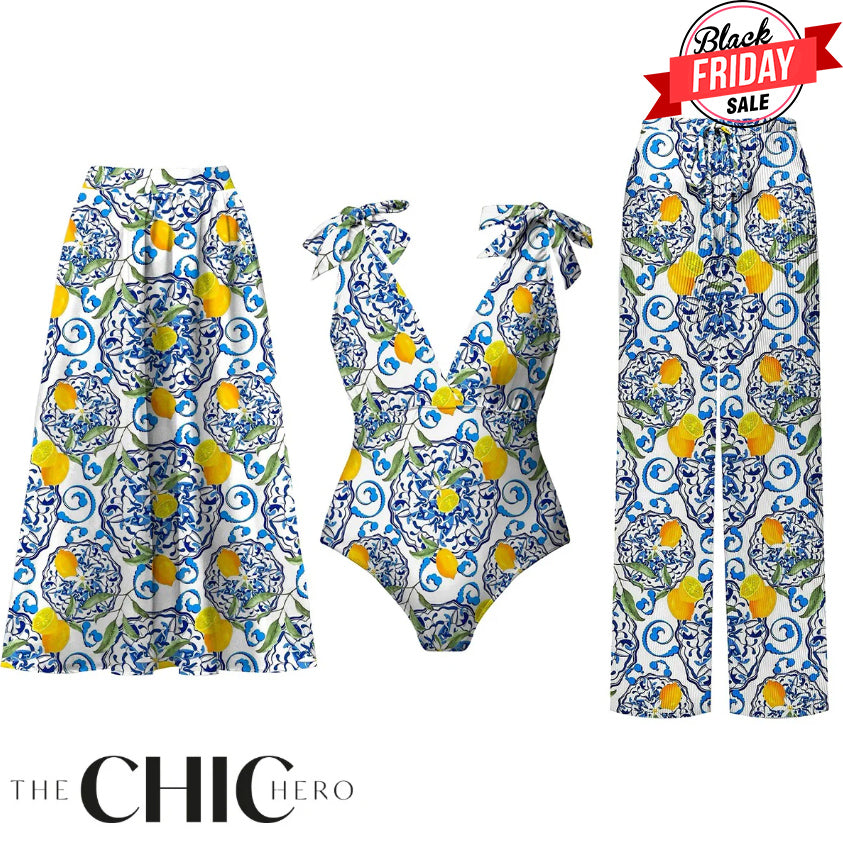 Lemon Motifs Blue Scrollwork Ornate Print One-Piece Swimsuit&Skirt&Pants