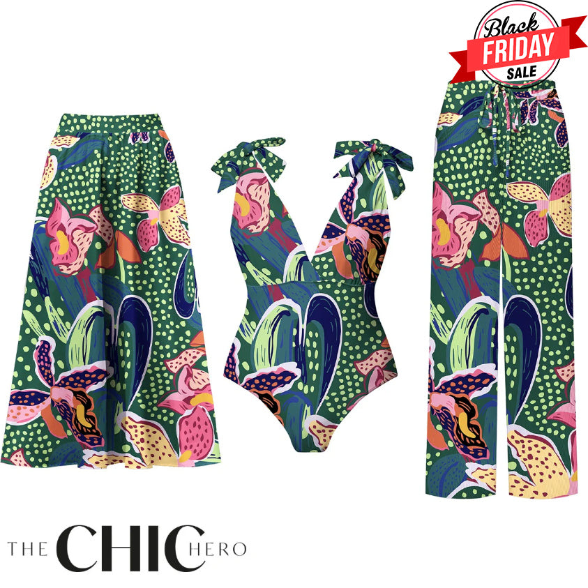 Green Parrot Tropical Exotic Flower Motifs One-Piece Swimsuit&Skirt&Pants