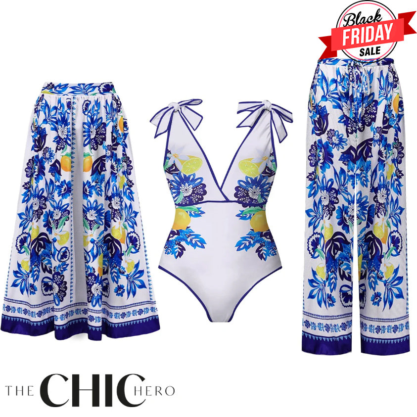 Lemon Blue Floral Print One-Piece Swimsuit&Skirt&Pants