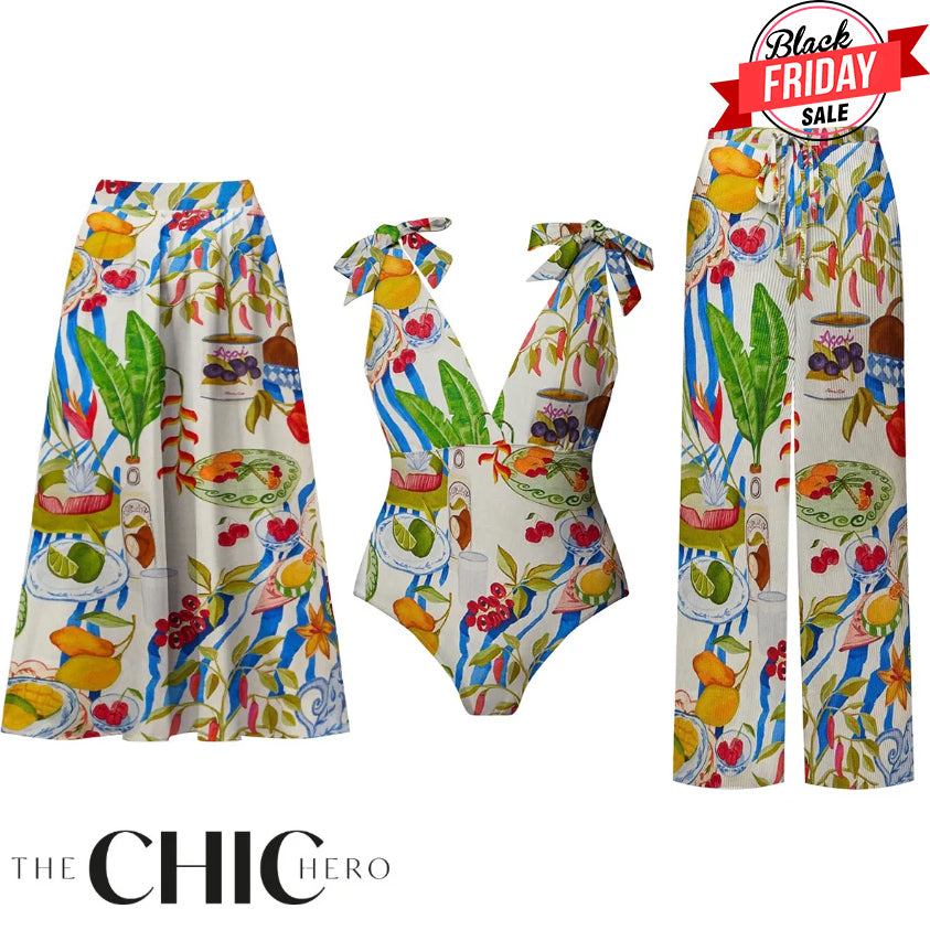Fruit Food Patterned Colorful Tropical Feast Print One-Piece Swimsuit&Skirt&Pants