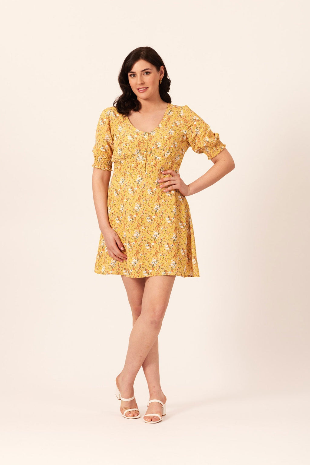 Siobhan - Button Front Mini Dress - Yellow