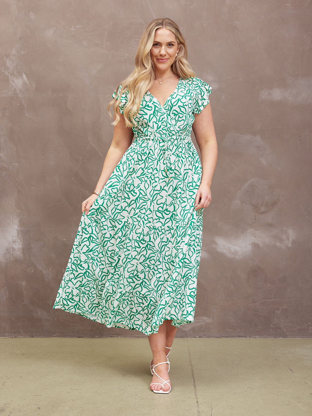Susan Maxi Dress - White & Green Linear Print