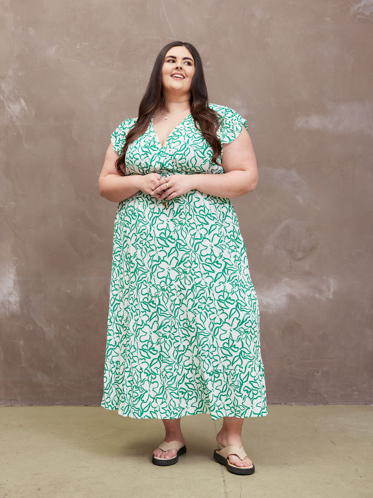 Susan Maxi Dress - White & Green Linear Print