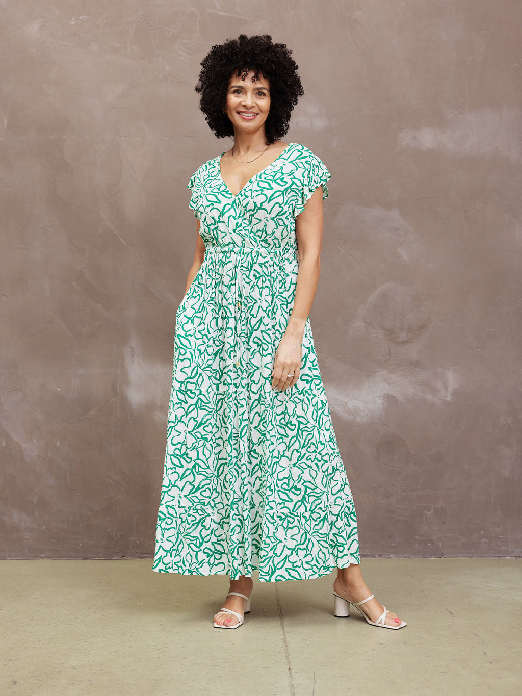 Susan Maxi Dress - White & Green Linear Print